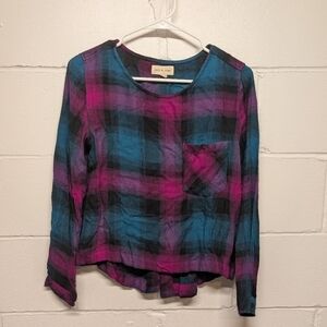 Cloth & Stone (XS) Cross Tie Back Pullover Plaid Long Sleeve Shirt Blue Purple